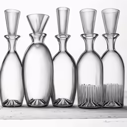 a set of six vases sitting on top of a counter