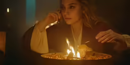 the woman is eating a plate of food with a spoon