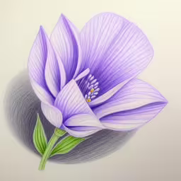 purple flowers on white paper are next to green leaves,a picture of a purple flower, with one flower bud highlighted,a purple flower on top of a grey plate,drawing a purple flower with colored pencils,this is an image of an art work