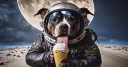 a dog wearing a space suit and ice cream cone sticking its tongue out