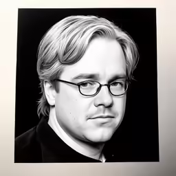 a man in glasses looks ahead with a smirk