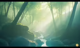 a stream flowing through a lush green forest