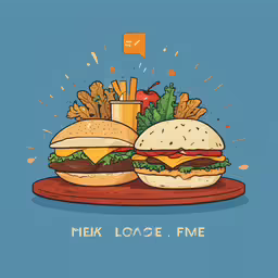 illustration of a hamburger and fries on a tray,two cheeseburgers with fries on a wooden cutting board