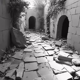 an old abandoned hallway with crumbling walls and old pieces of paper