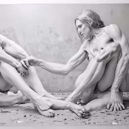 a nude man kneeling on the floor next to another naked woman