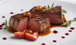 a plate with meat and some strawberrys on it