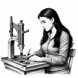 a girl with long hair standing at a table and looking at a microscope