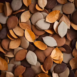 a lot of pebbles with some brown and orange leaves
