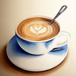 the artwork depicts a coffee cup with a spoon in it