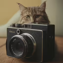 there is a cat that is laying near a camera