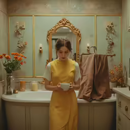 a woman holding a bowl in her bathroom