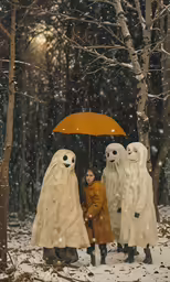 three women wearing ghost costumes while one holds an umbrella