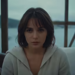 a girl wearing a gray hoodie stares to the right