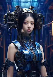 a female robot with her head covered in wires,a very close up shot of an artic looking woman