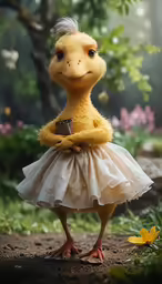 a stuffed toy duck with a dress and purse standing in the forest