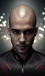 a man with a bald head wearing headphones and a red stripe is staring at the camera