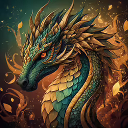 a green dragon with blue wings and yellow leaves