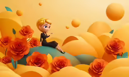 a girl sitting on top of a flower covered ball surrounded by orange flowers