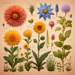 a drawing of colorful flowers arranged around various plants,this illustration depicts different flowers, plants and insects