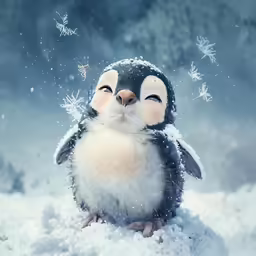 a baby penguin with wintery snow falling around it