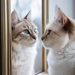 two cat look into a mirror while one looks in the mirror