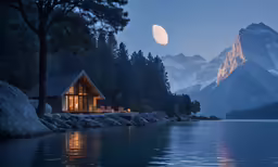 an image of a cabin on a lake during the evening