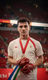 a young man with a trophy and boxing gloves
