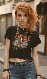 a woman standing outside wearing a shirt that has a rock band