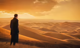 a man stands on top of a hill facing out into the distance