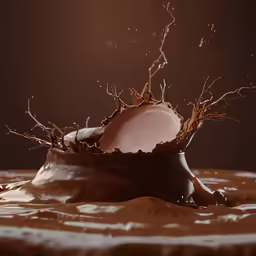 a chocolate covered cake in front of some falling pieces