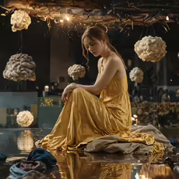 a beautiful young woman in a yellow dress sitting on a table