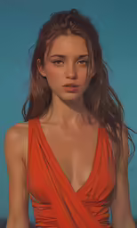 a very attractive young woman in an orange dress