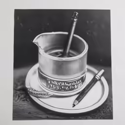 a black and white photo of a saucepan with an hour measuring spoon and spoon rest atop a plate with a pen