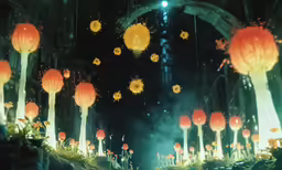 a fantasy scene with many lights and balloons