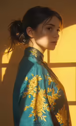 a woman in a blue and yellow cheongsam dress