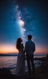 a man and a woman standing together on the beach under a starr filled sky