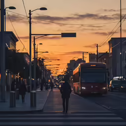 a woman walking down the sidewalk in front of a bus