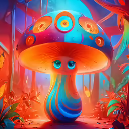 a colorfully painted mushrooms in a forest