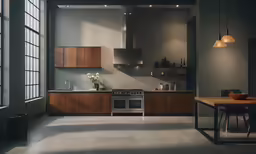 a kitchen has a table with chairs, sink and stove
