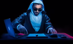 the man in the nun suit is working on his laptop