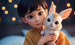 a cartoon child holding a cat in his hands