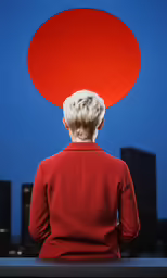 woman with white hair sitting at a bench looking at a red balloon
