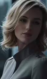 a blonde woman wearing a shirt and tie looking off into the distance