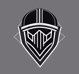 a helmet that is on top of a gray background,a black and white logo with the name m