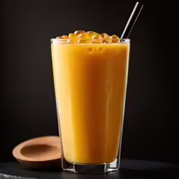 a glass filled with liquid and a spoon on the side