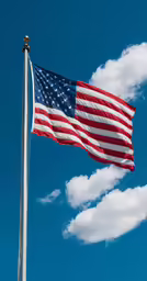 an american flag flying in the air under a blue sky