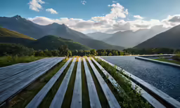 a wood boardwalk sits in a grassy area in front of some mountains