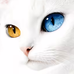 a cat with blue eyes and yellow and white fur