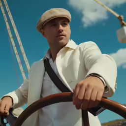 a man is wearing a white suit and tan hat
