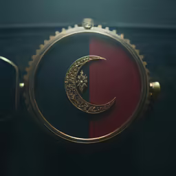 an intricate gold crescent clock sitting on top of a metal frame